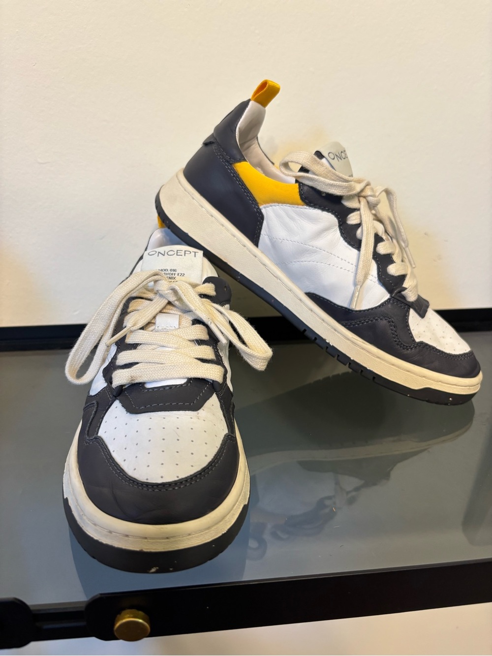 CONCEPT Low-Top Leather Sneakers in White, Navy & Yellow Accent